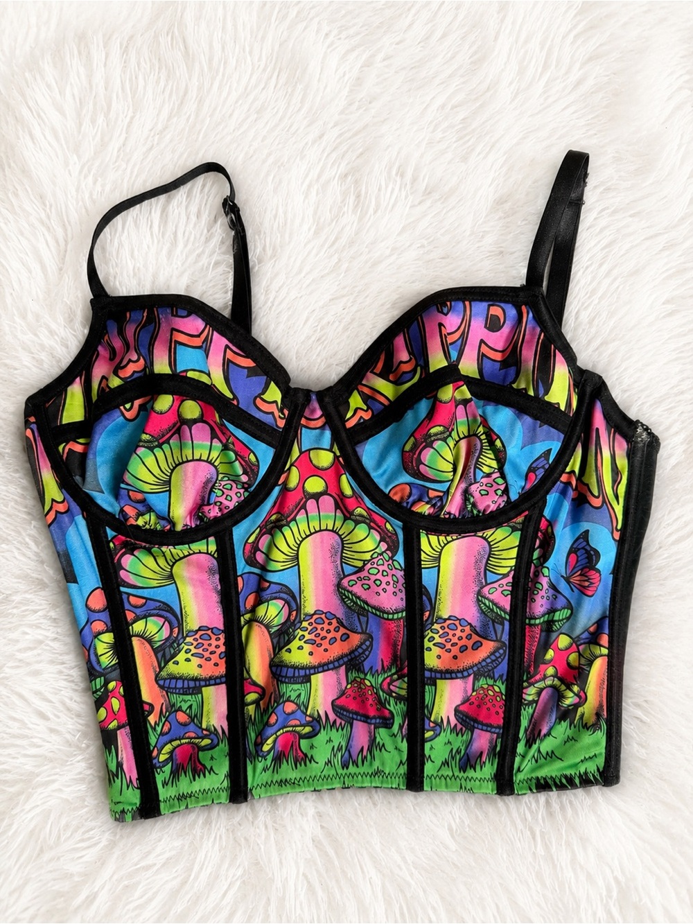 Dolls Kill Neon Mushroom Bustier Crop Top - Blue Pink Green Yellow